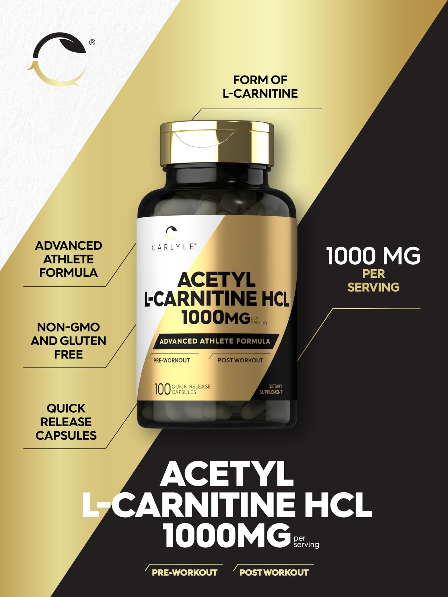 Carlyle Acetyl L-Carnitine HCL pre-workout and post-workout amino acid capsules dietary allergen free details