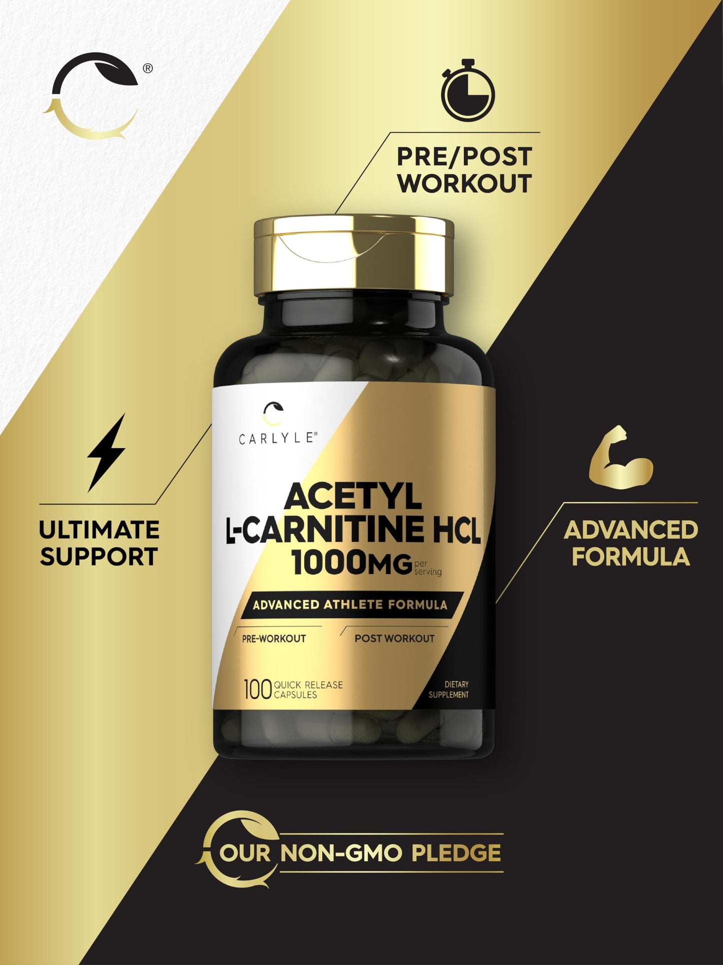 Carlyle Acetyl L-Carnitine HCL 1000mg packaging showing authentic USA manufactured quality seal