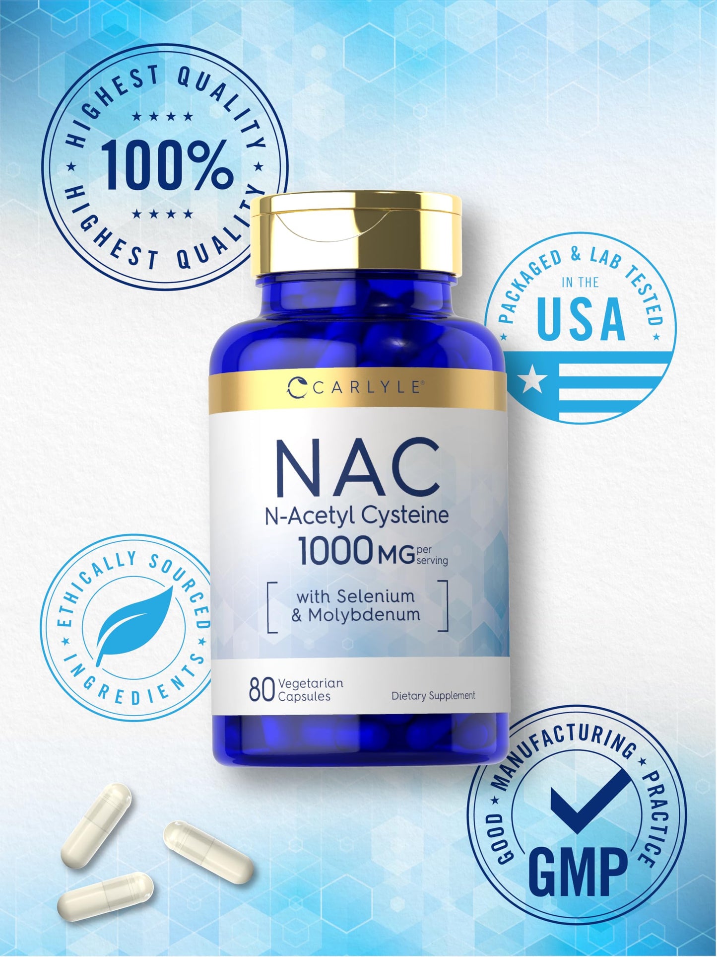 Carlyle NAC 1000mg dietary supplement gluten-free seal close-up