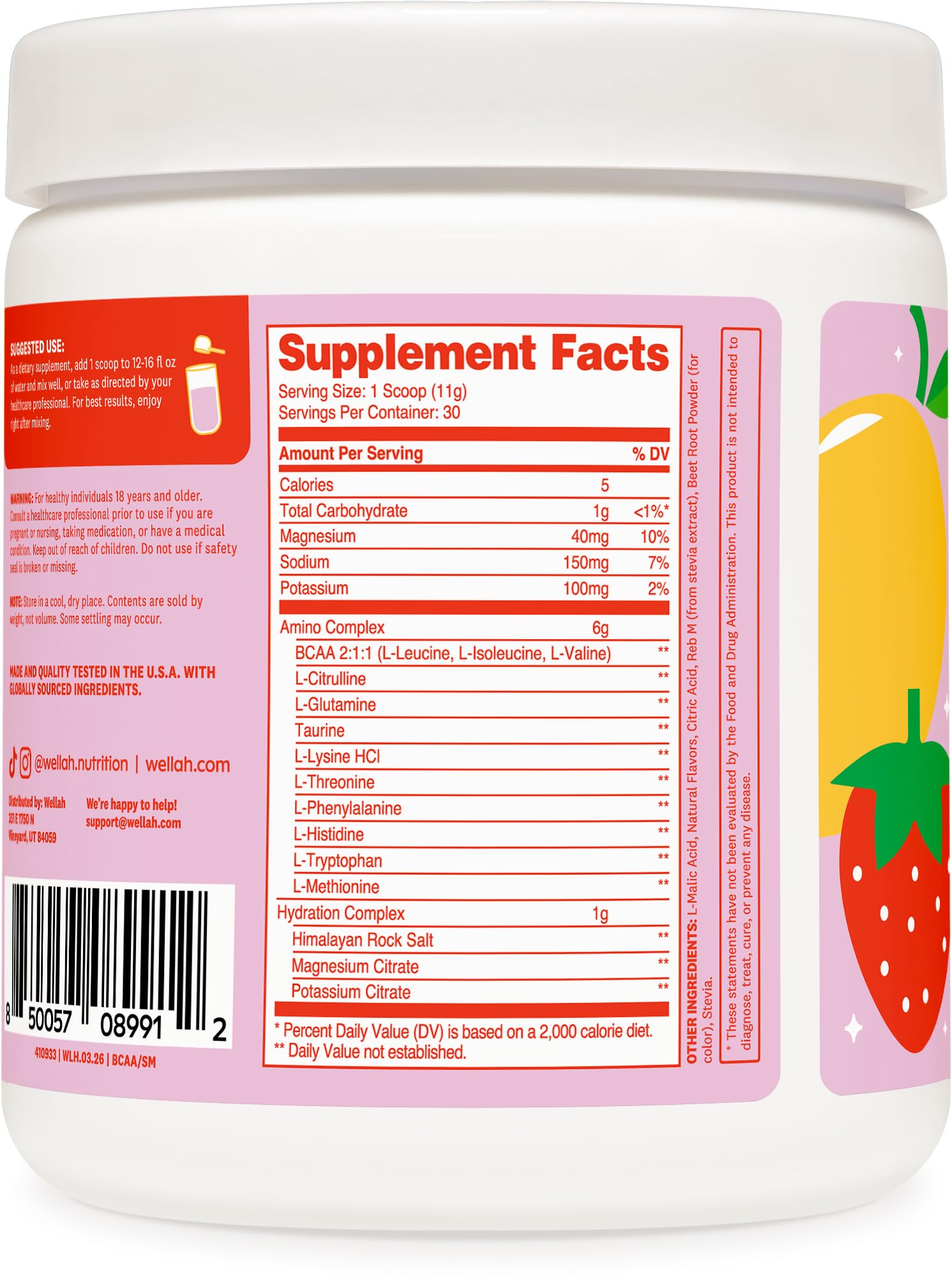 Scoop of Wellah Strawberry Mango BCAA recovery supplement