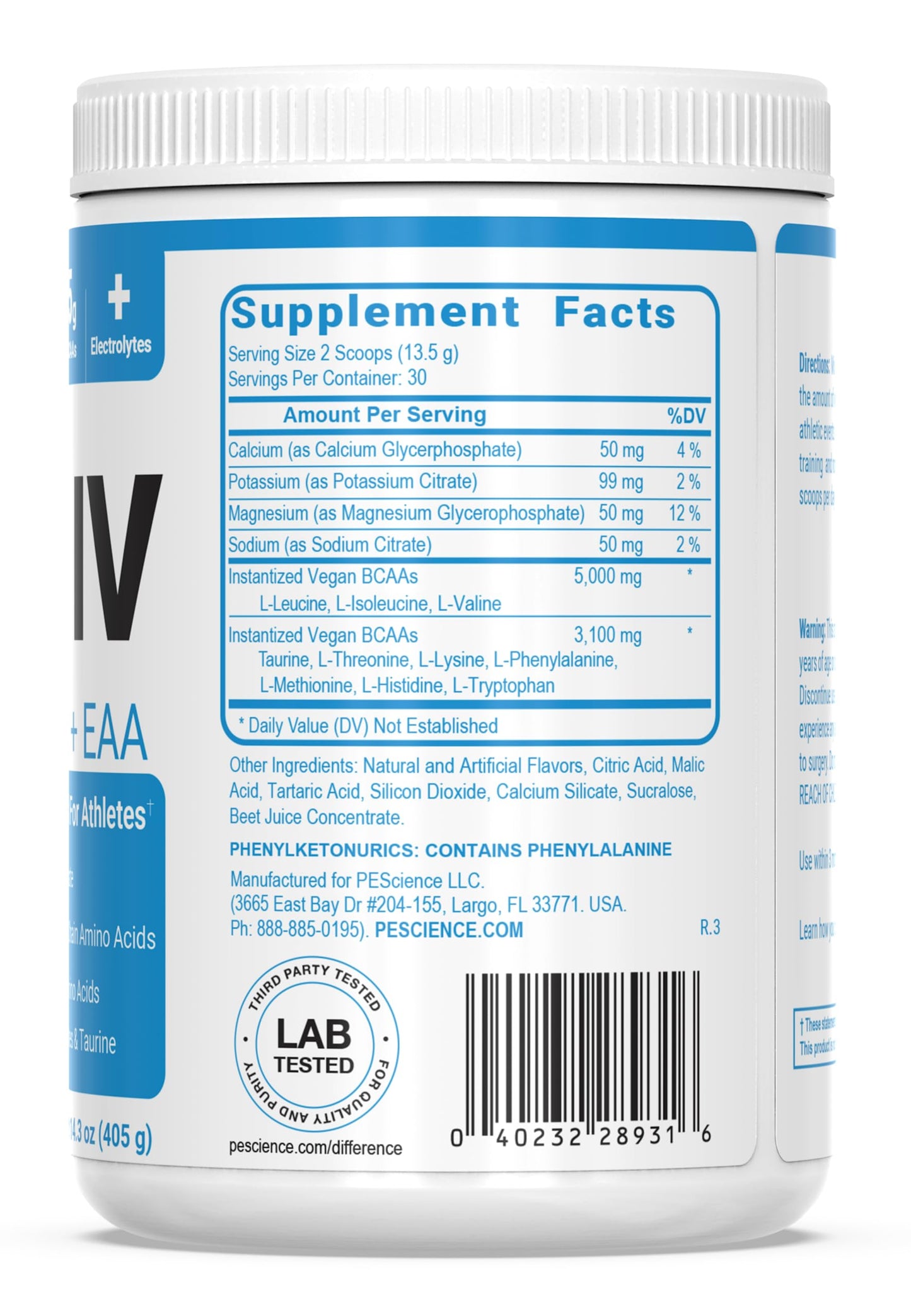 PEScience Amino IV label showing BCAA and EAA content