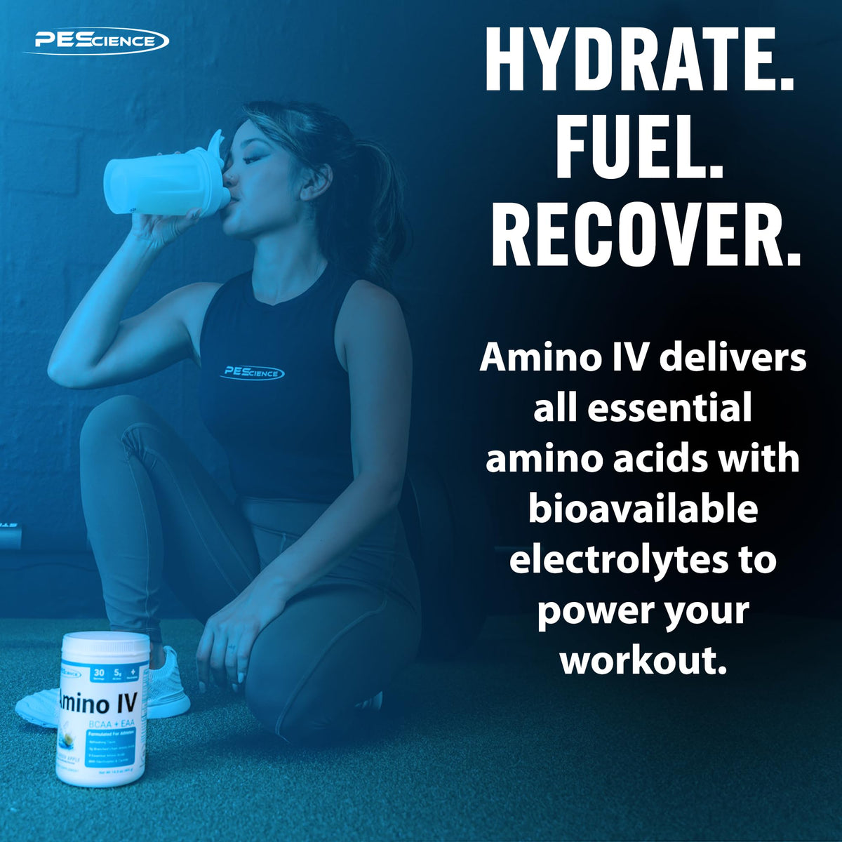 PEScience Amino IV powder texture and scoop representation