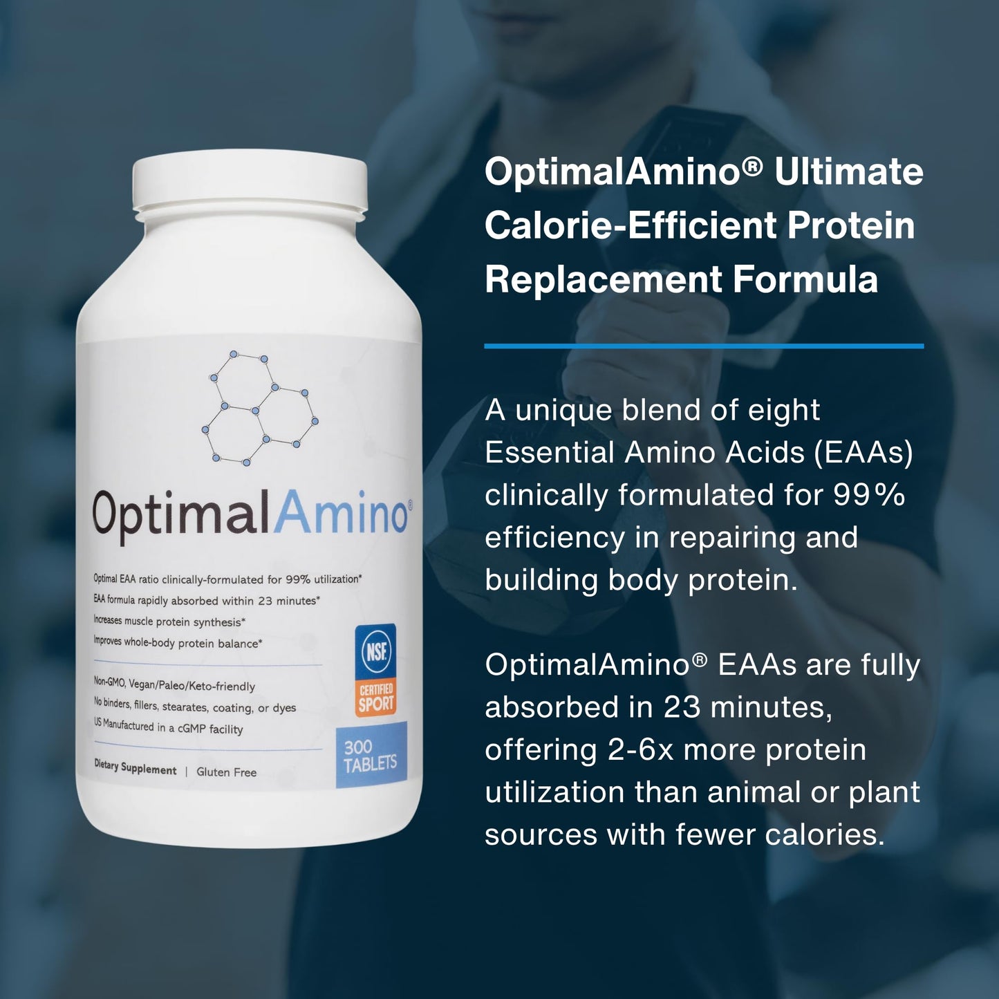 Back of OptimalAmino tablets bottle with ingredients and nutritional facts