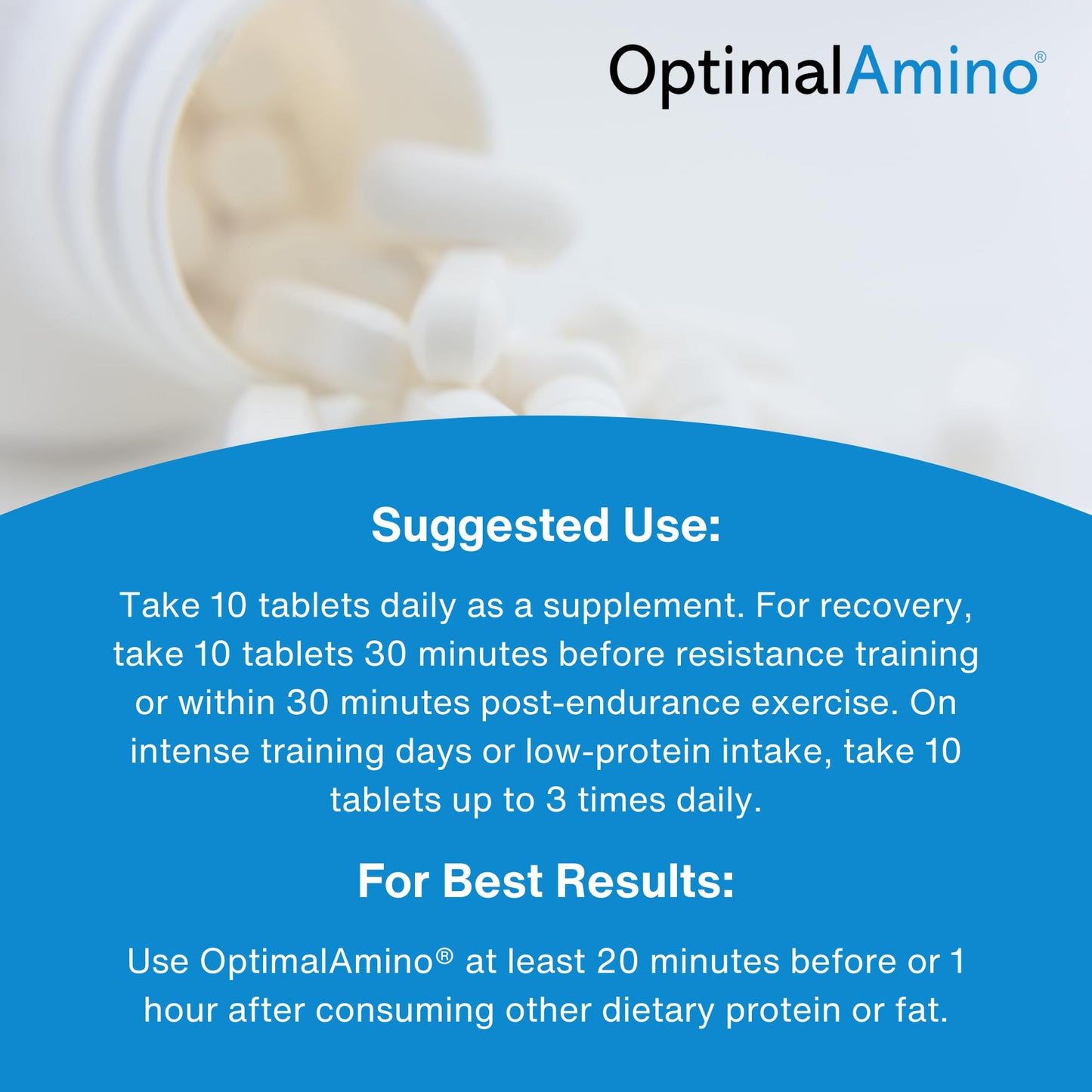 OptimalAmino tablets bottle next to gym workout equipment