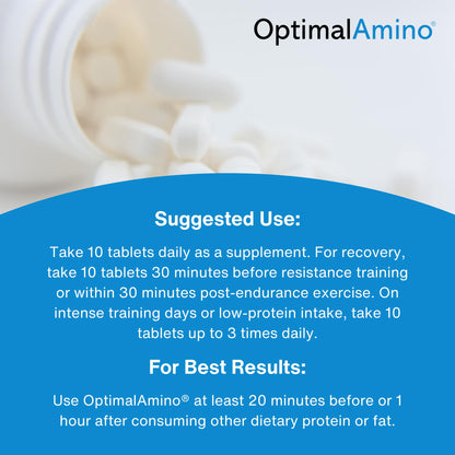 OptimalAmino tablets bottle next to gym workout equipment