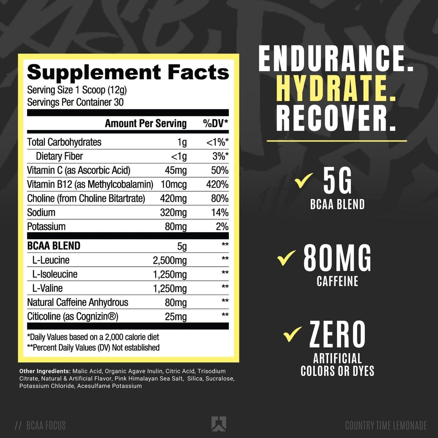 Ryse BCAA Focus supplement facts label and ingredient details