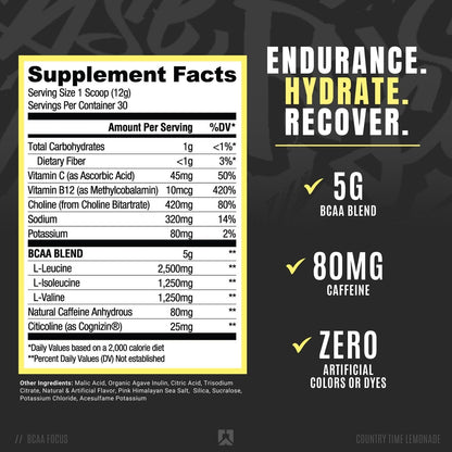 Ryse BCAA Focus supplement facts label and ingredient details