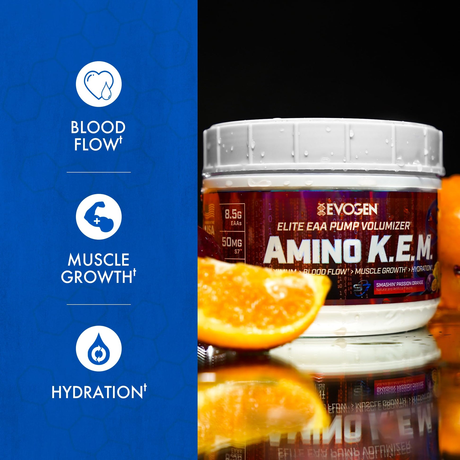 Evogen Amino KEM Smashin Passion Orange tub nutrition label