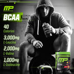 MusclePharm BCAA container with powder texture display