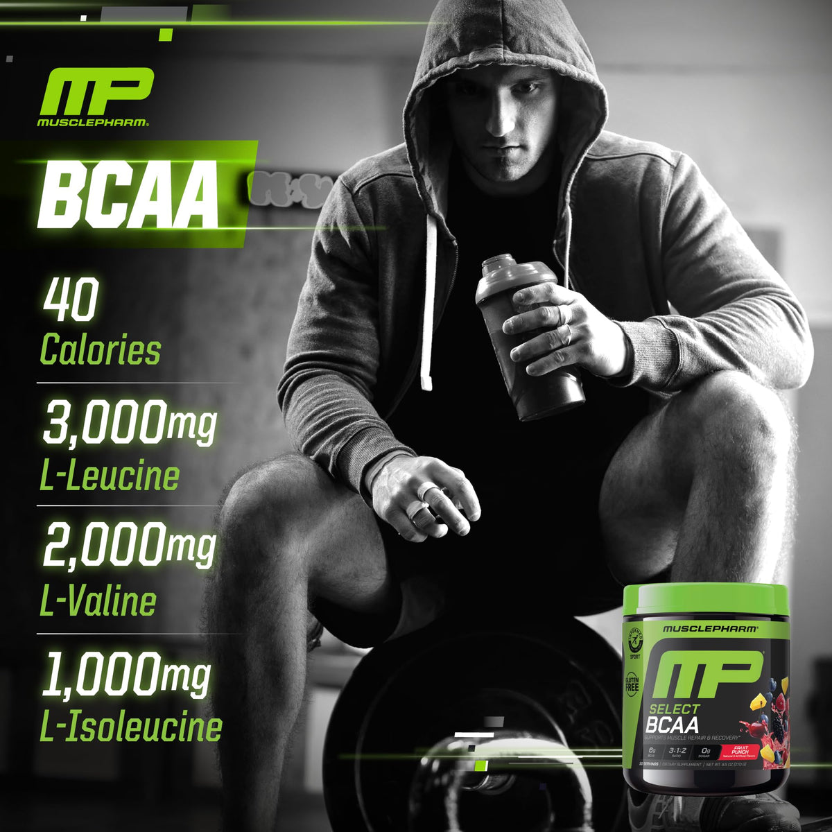 MusclePharm BCAA container with powder texture display