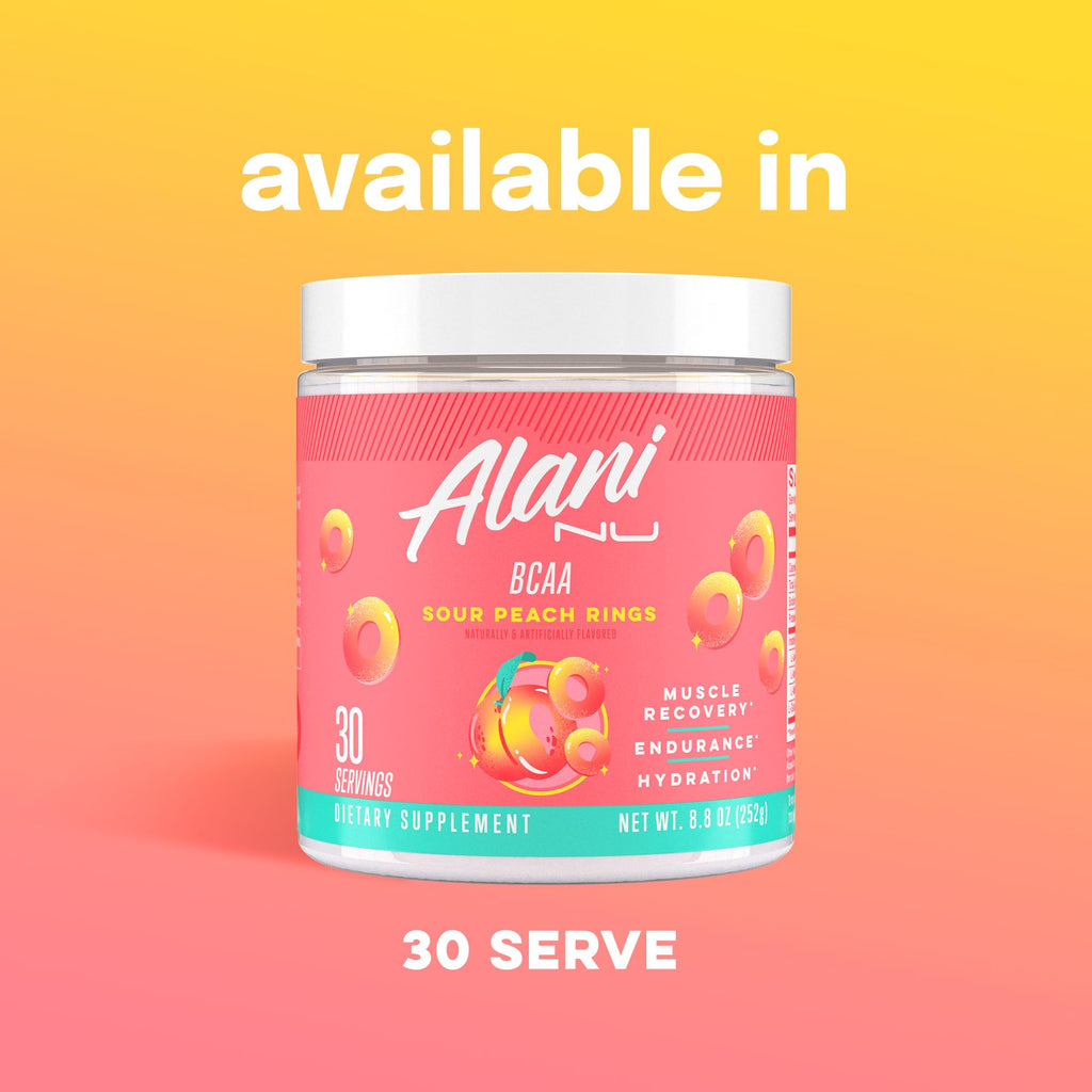 Alani Nu Sour Peach Ring supplement container lifestyle display