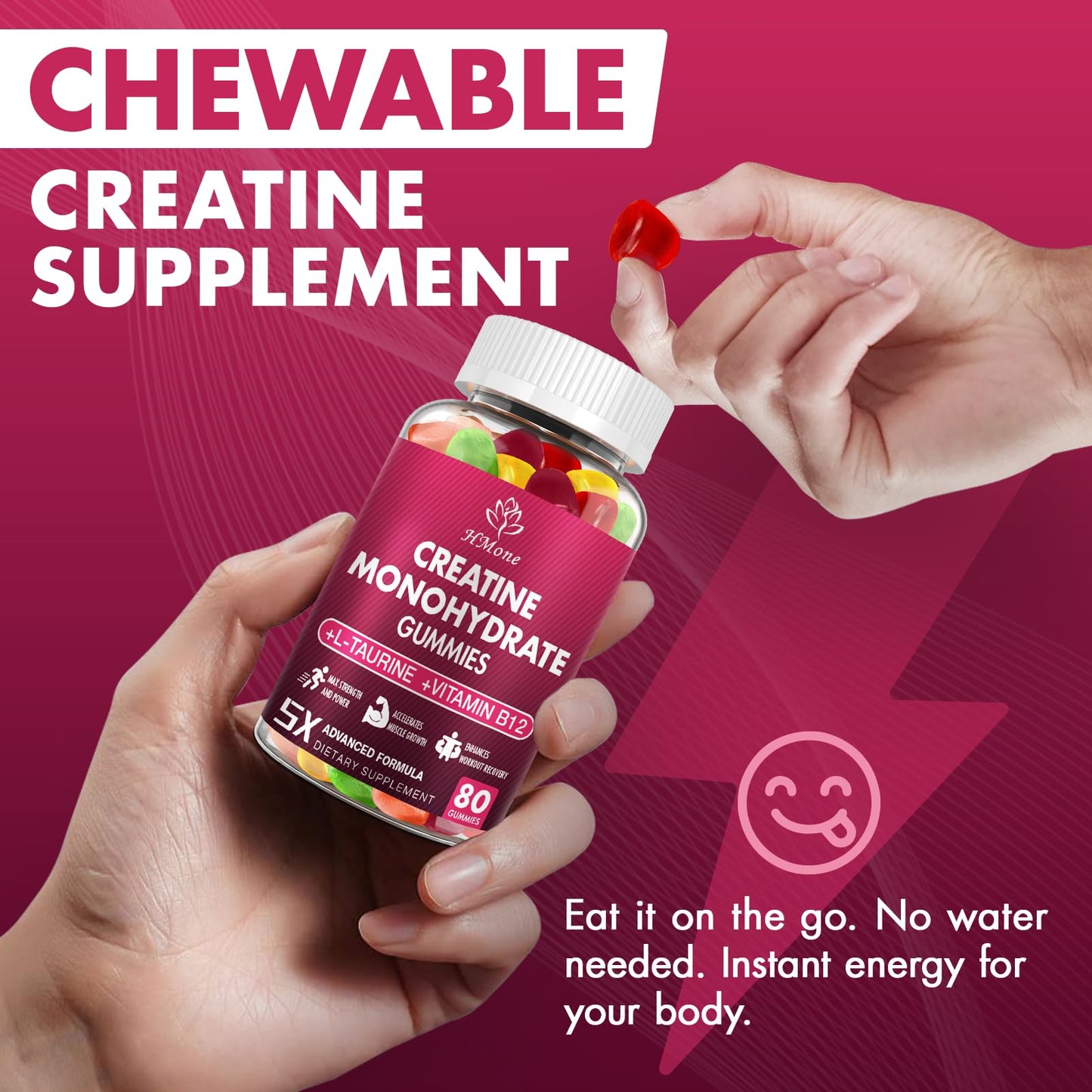 HMone Creatine Monohydrate Gummies bottle with workout gear