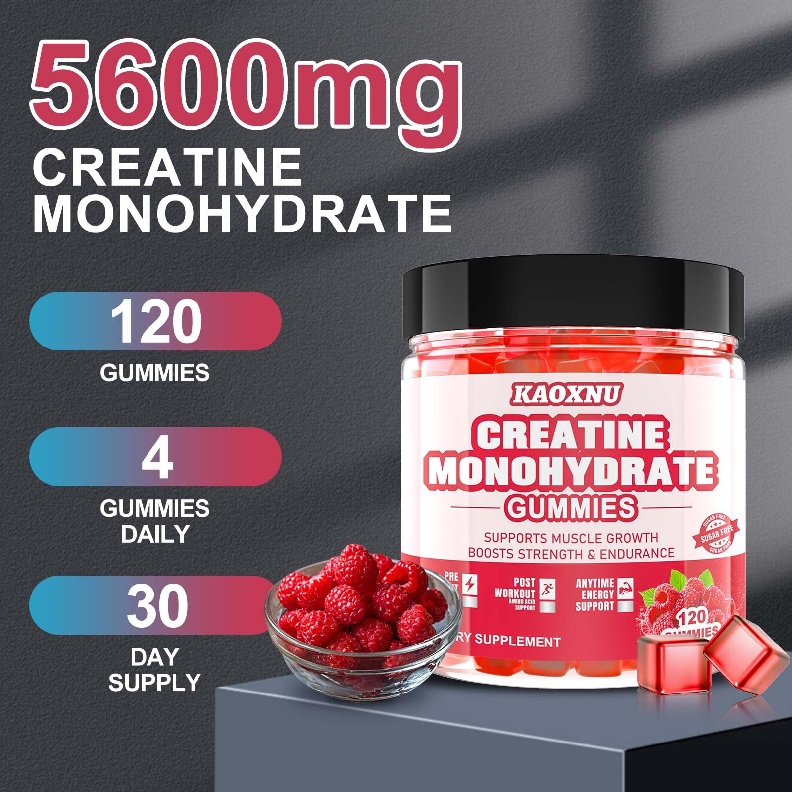 Side view of Kaoxnu creatine supplement container showing ingredients