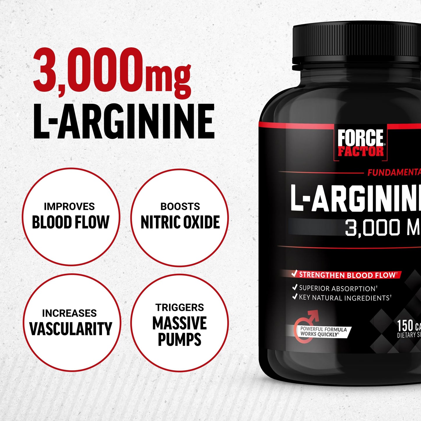Force Factor L Arginine supplement label detailing the 3000 mg serving size and key ingredients.