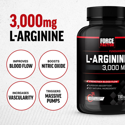 Force Factor L Arginine supplement label detailing the 3000 mg serving size and key ingredients.