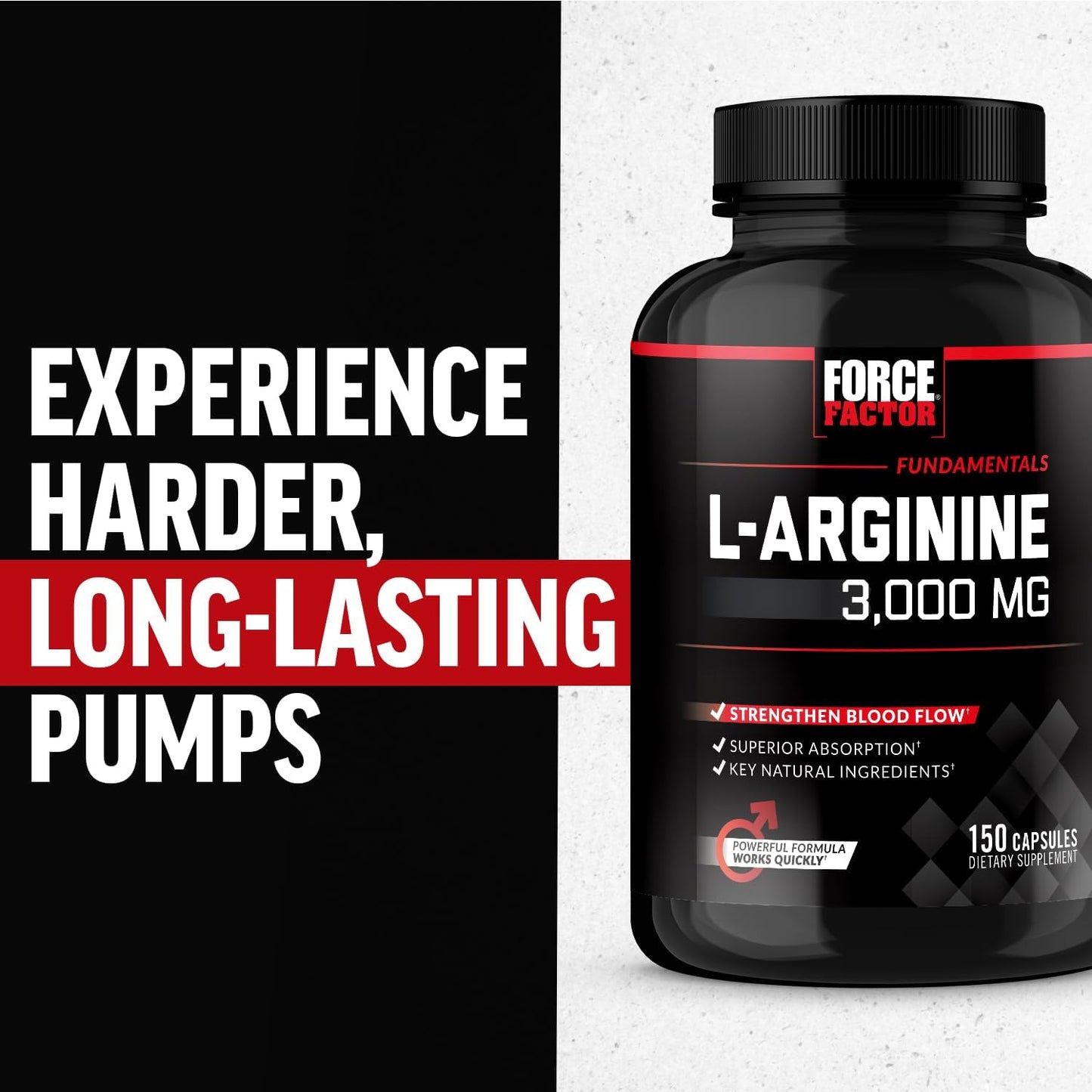 Force Factor L Arginine dietary capsules bottle displayed alongside gym accessories to show usage context.