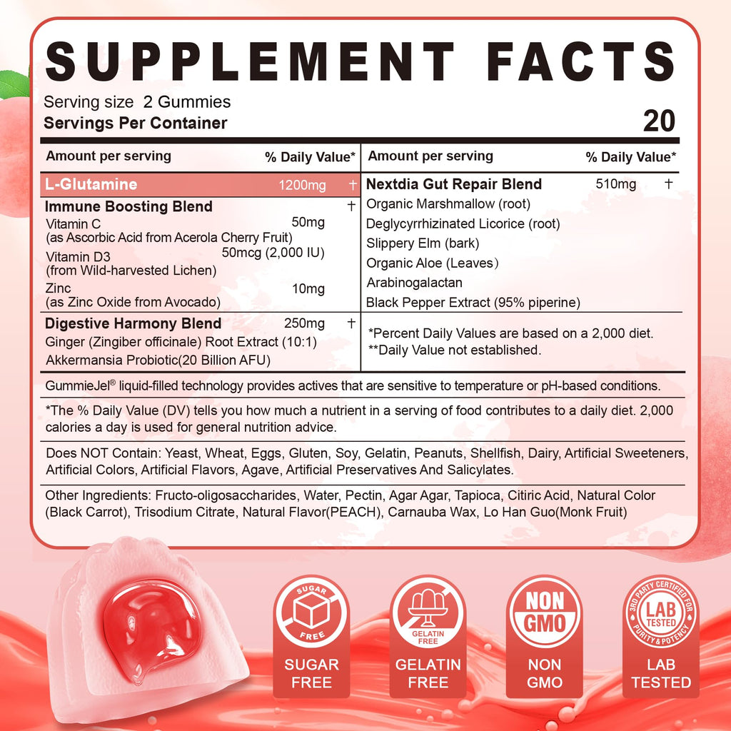 Nextdia L-Glutamine 1200mg Gummies supplement facts nutritional label
