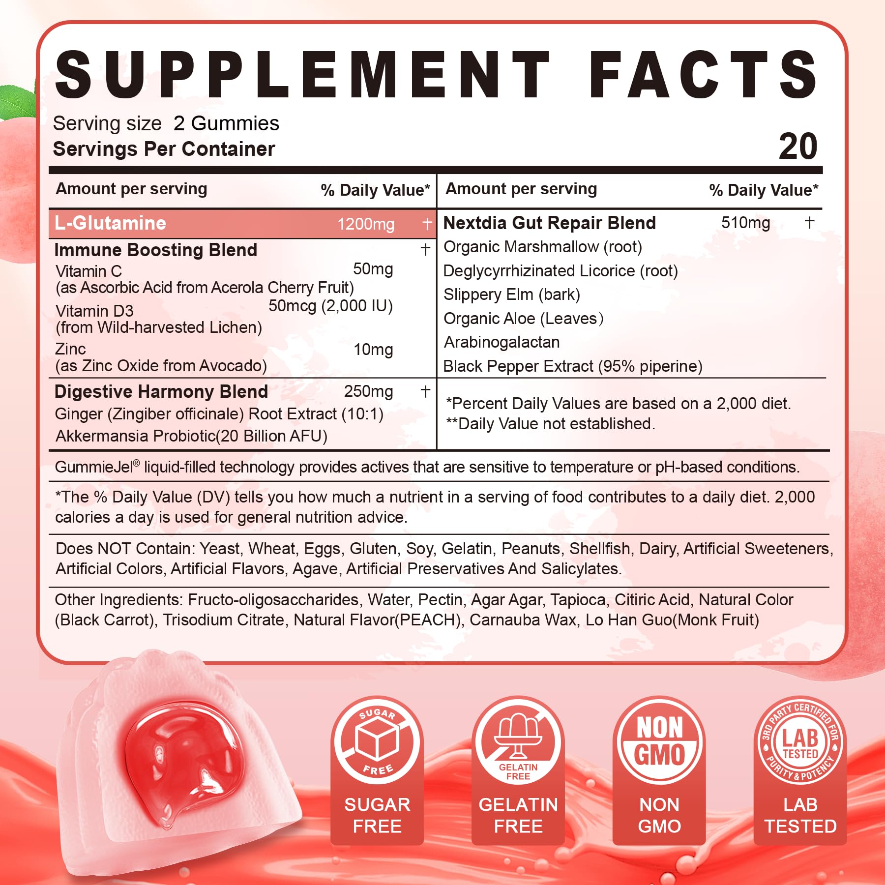 Nextdia L-Glutamine gummies supplement facts and ingredients label