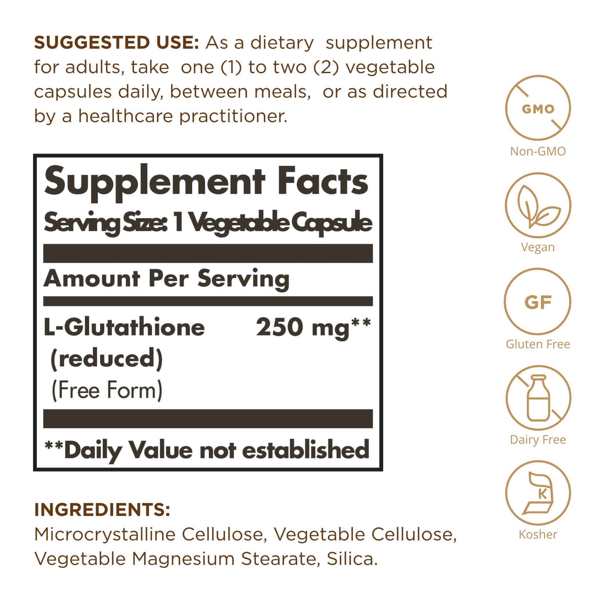 Solgar Reduced L-Glutathione supplement bottle label details