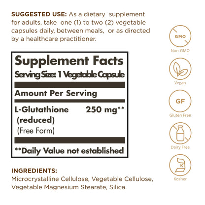 Solgar Reduced L-Glutathione supplement bottle label details