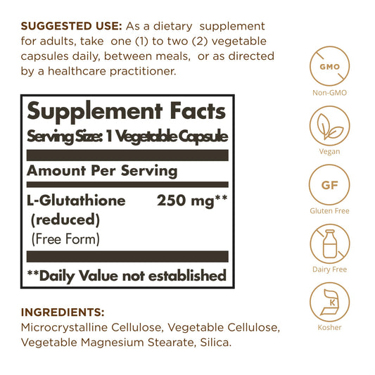 Solgar Reduced L-Glutathione supplement bottle label details