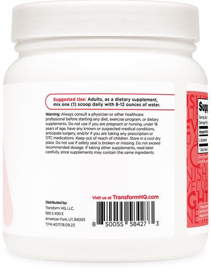 Scoop of TransformHQ L-Glutamine powder showing texture