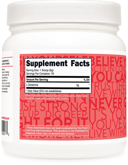 TransformHQ L-Glutamine tub with refreshing strawberry lemonade splash