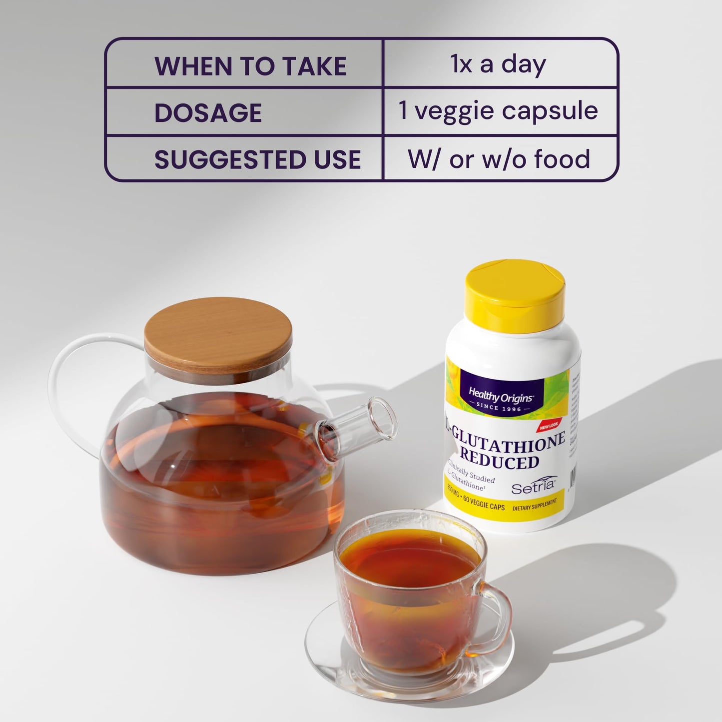 Close up of Healthy Origins Setria L-Glutathione capsule bottle