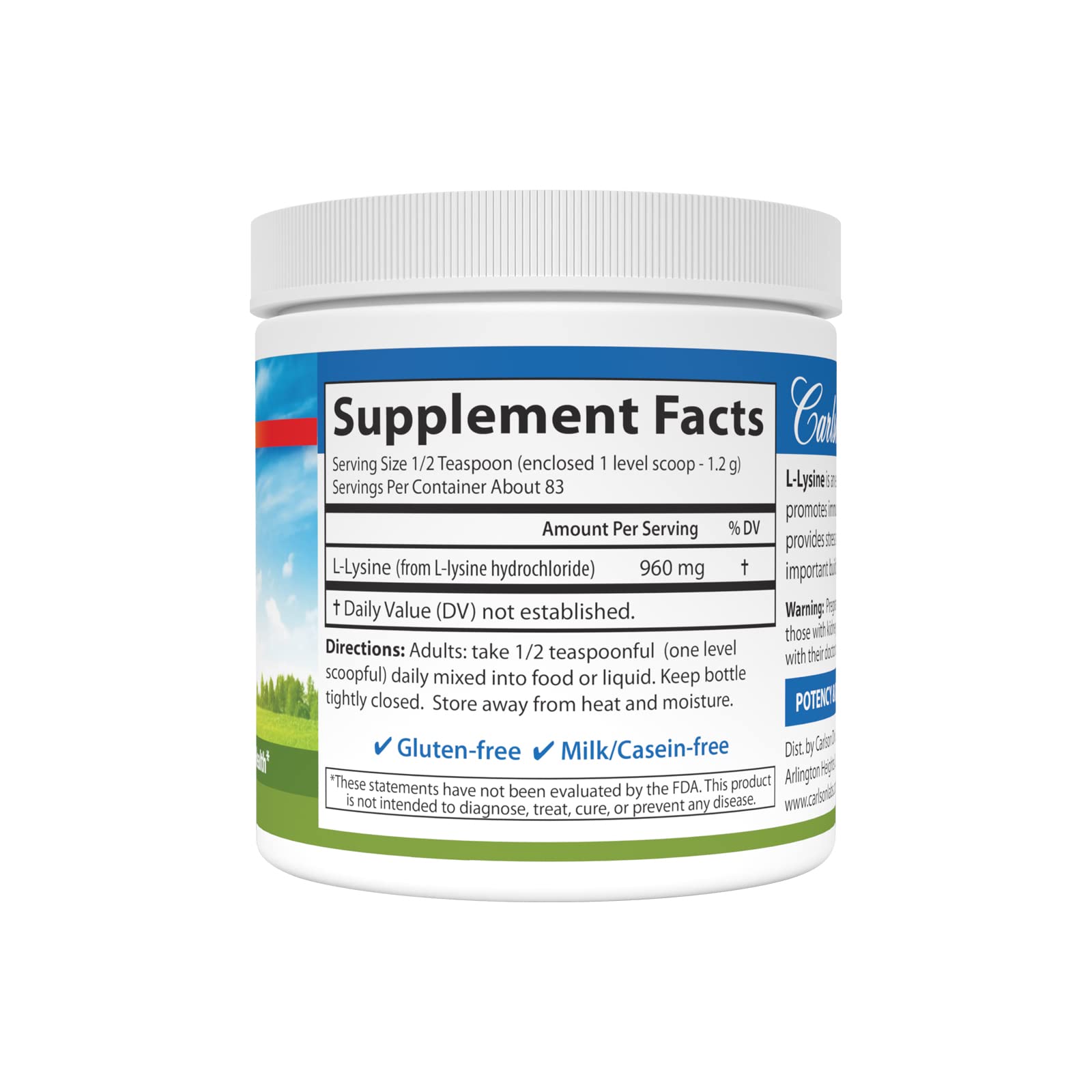 Carlson L-Lysine powder container side view
