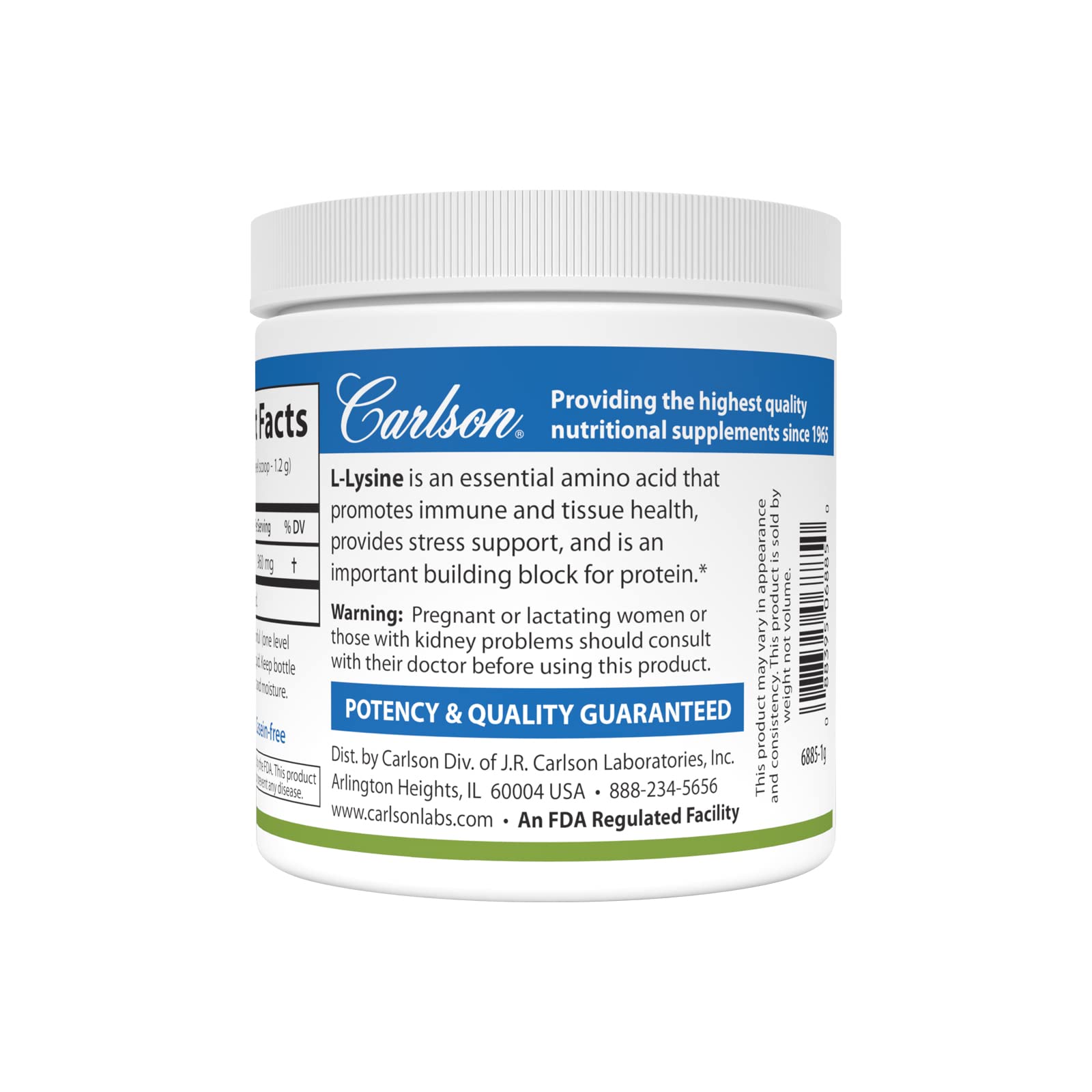 Carlson L-Lysine dietary supplement nutrition facts label