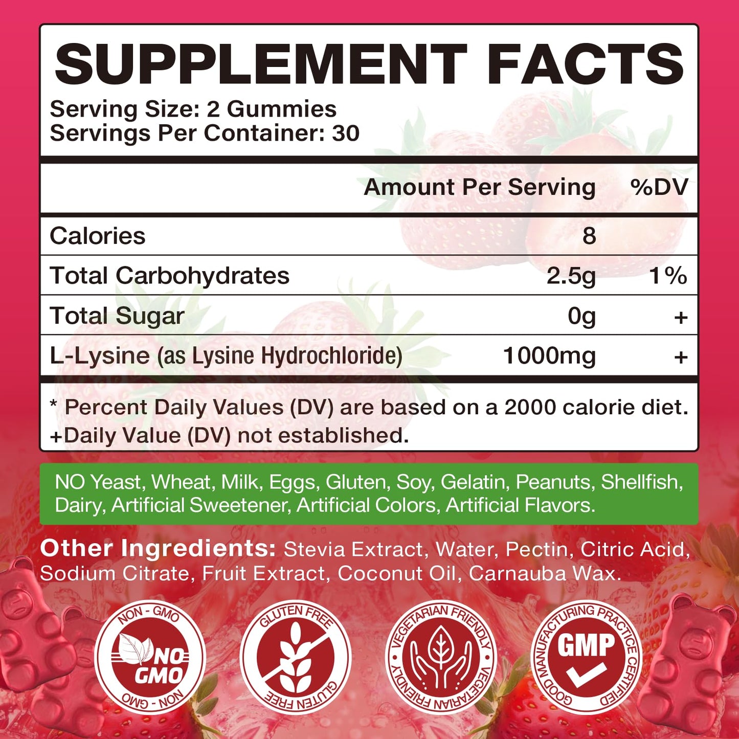 Close up of Meenccd L-Lysine supplement bottle label