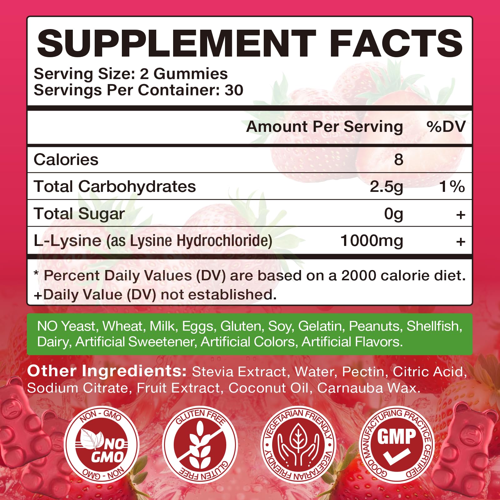 Close up of Meenccd L-Lysine supplement bottle label