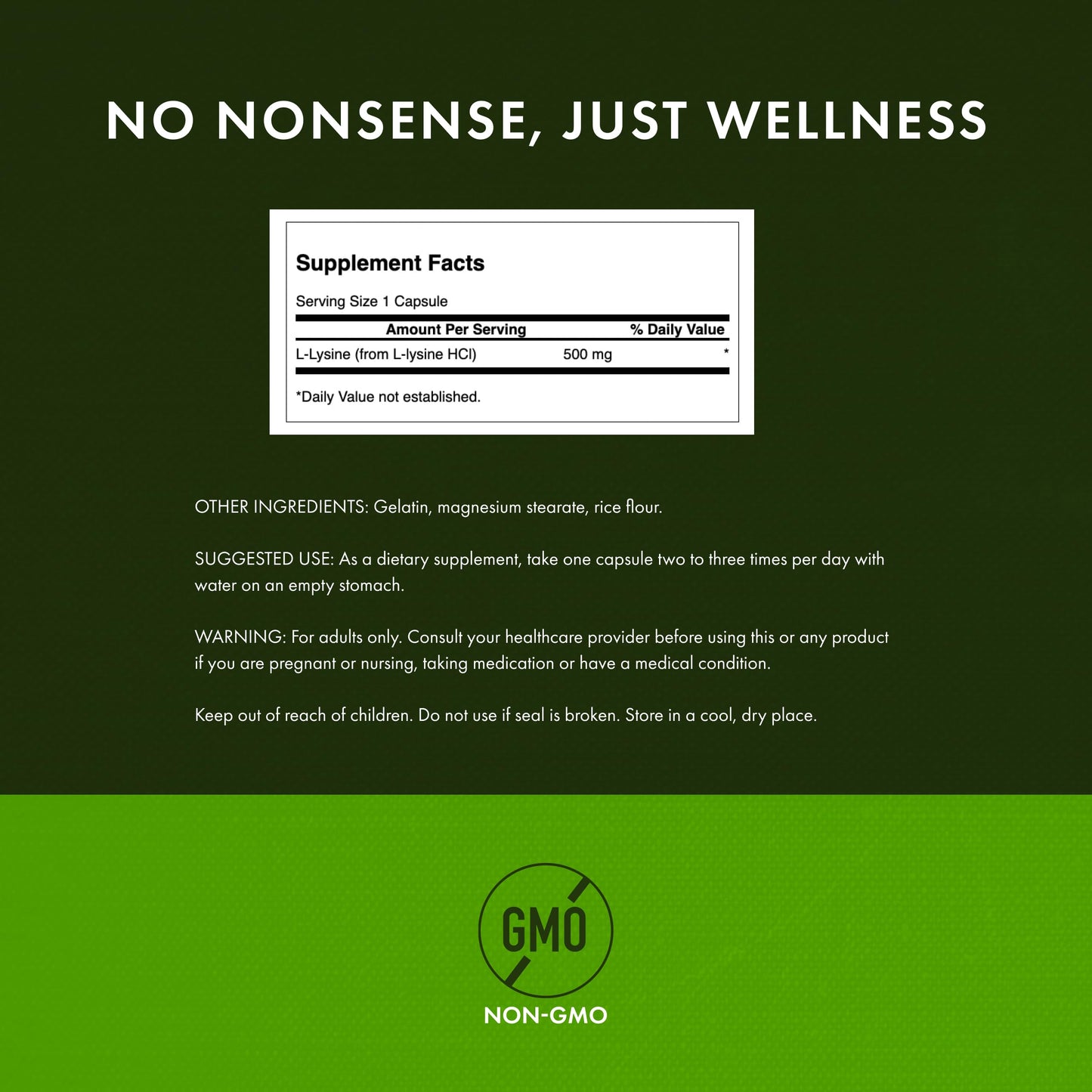 Side view of Swanson L-Lysine 500mg bottle showing supplement facts