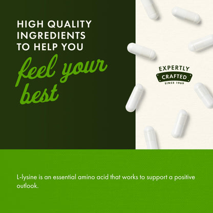 Close up of Swanson L-Lysine capsule bottle cap and packaging