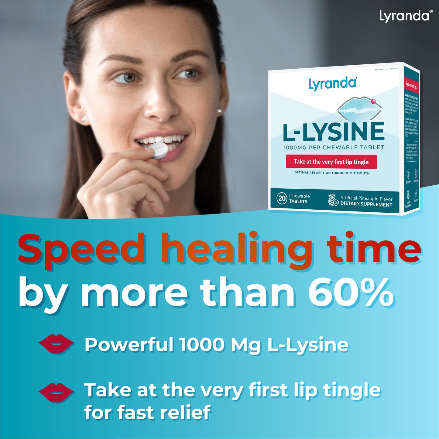 Side view of Lyranda cold sore supplement bottle showing 1000mg dosage