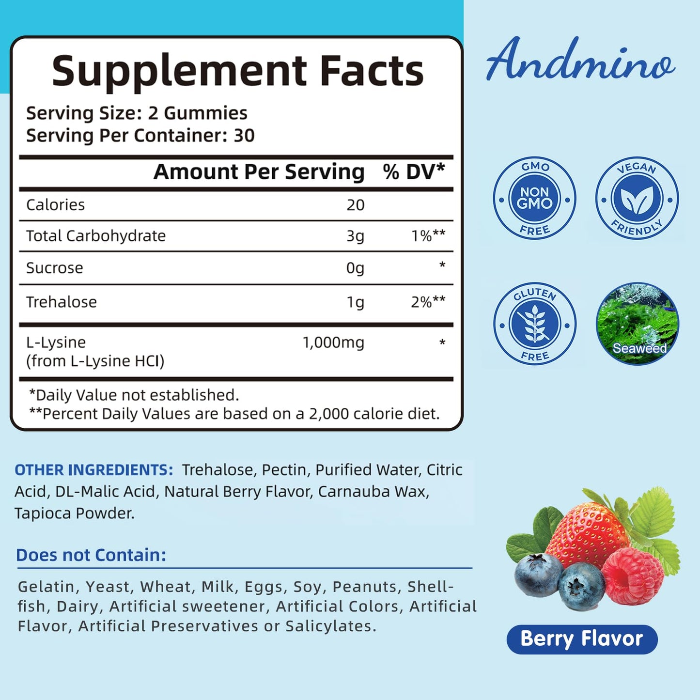Andmino L-Lysine Gummies nutritional facts label