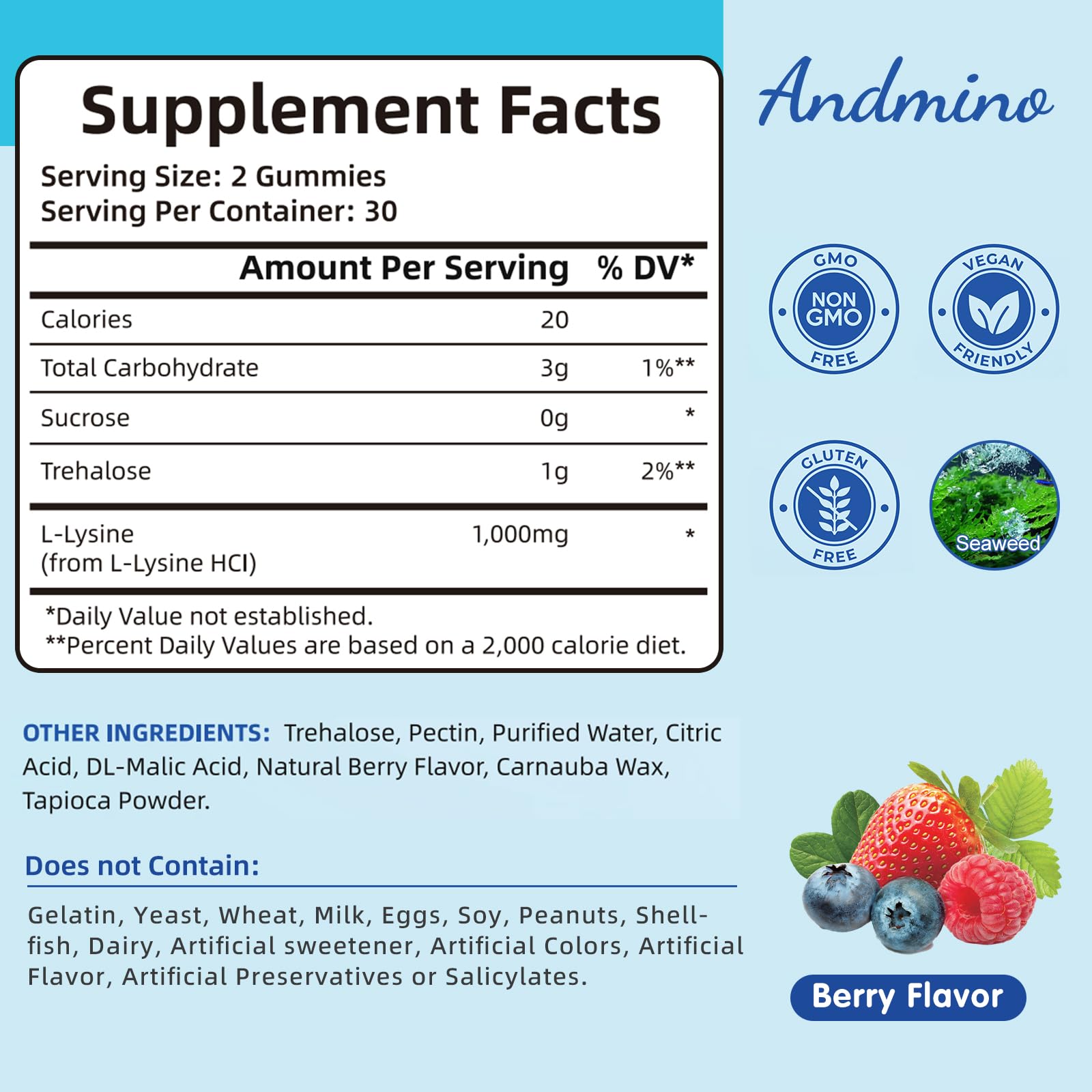 Andmino L-Lysine Gummies nutritional facts label