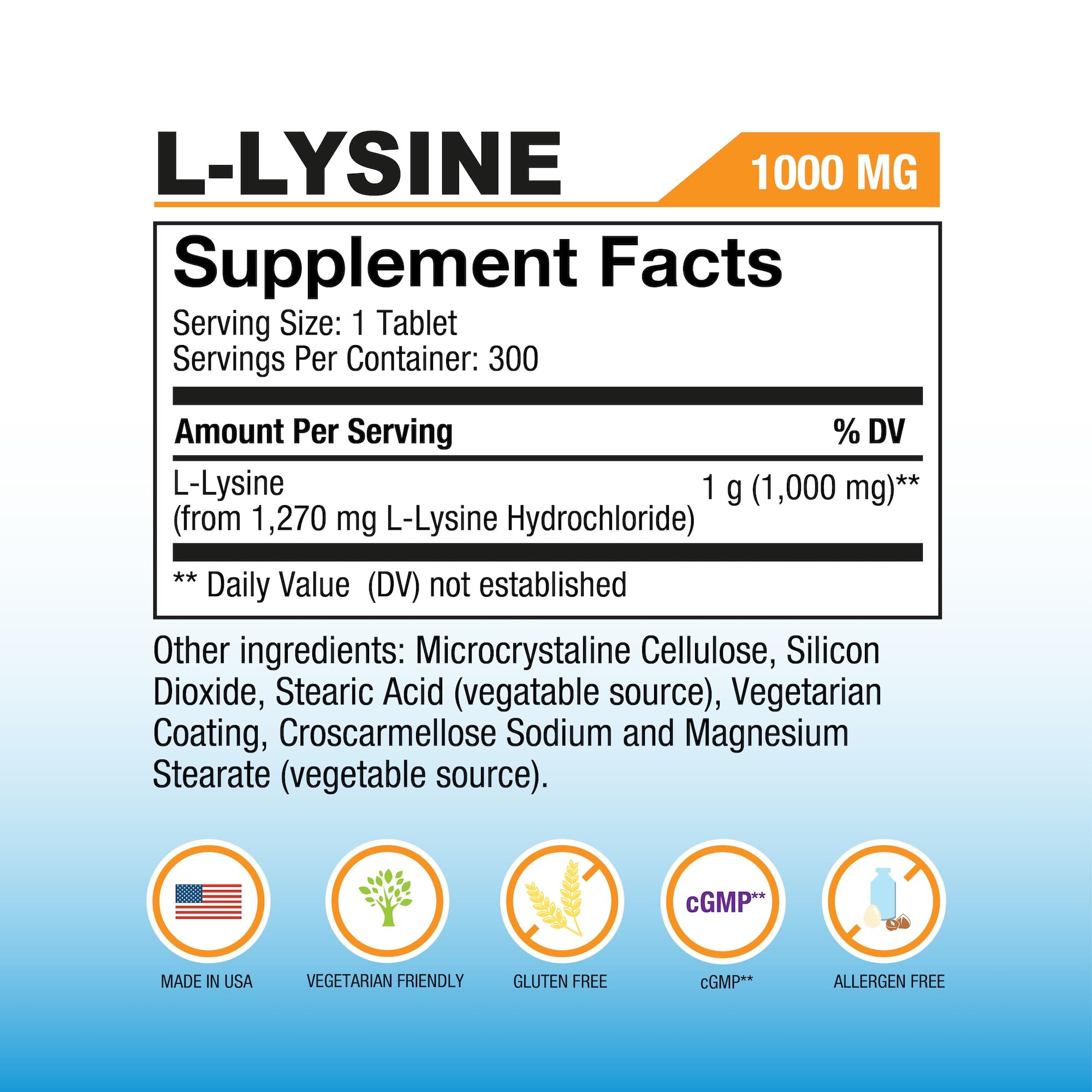 Puregen Labs L-Lysine 300 tablets supplement bottle label