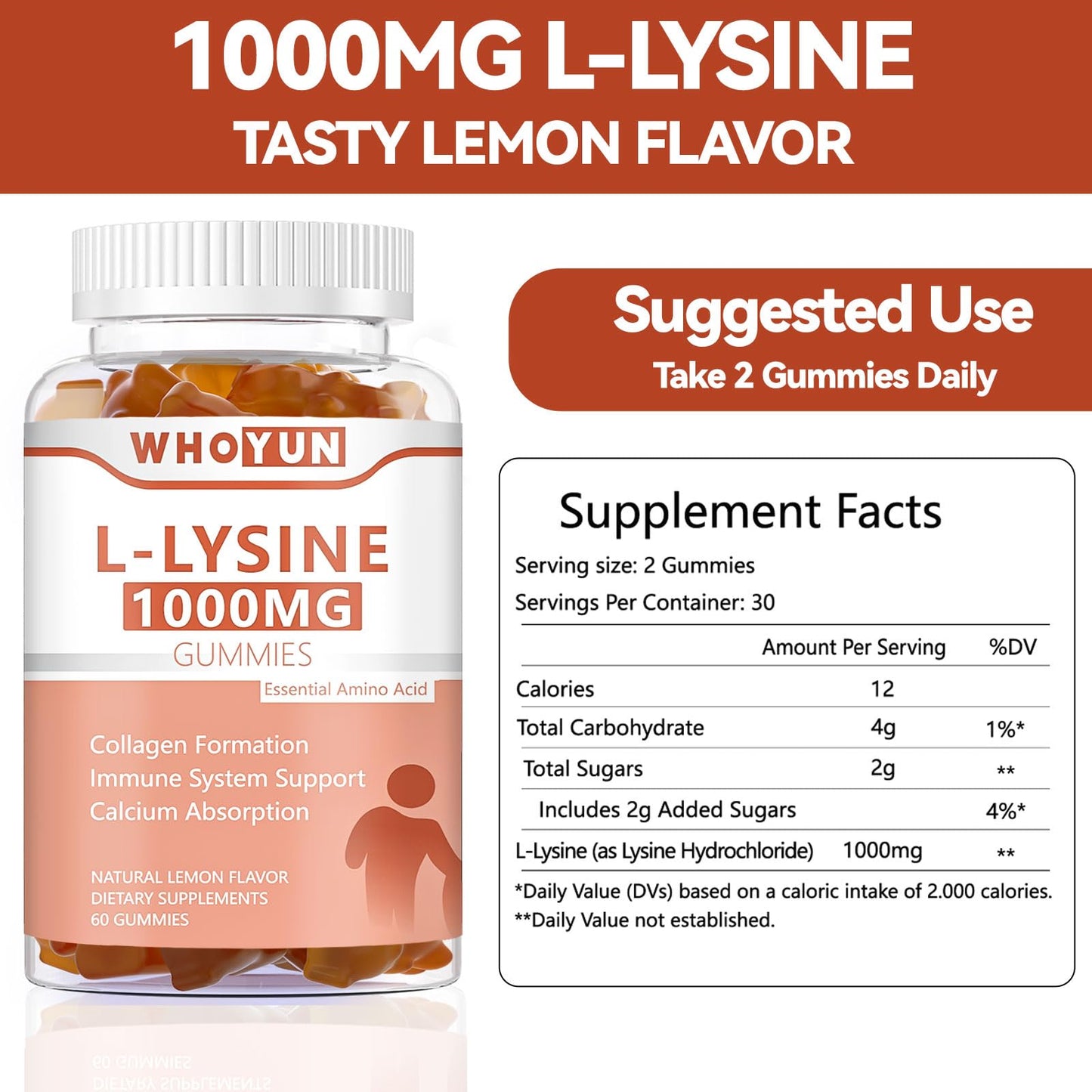 Whoyun L-Lysine gummies nutrition facts label close up