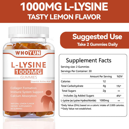 Whoyun L-Lysine gummies nutrition facts label close up