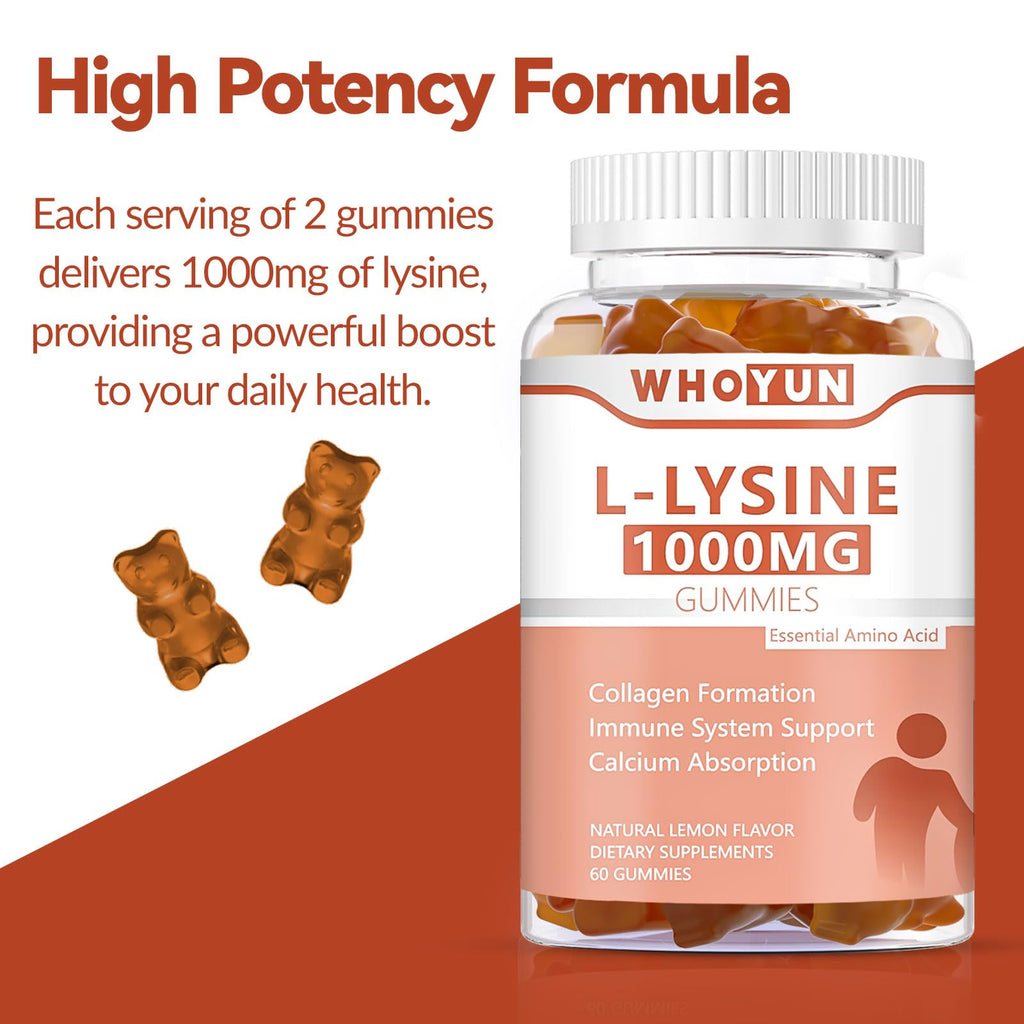 Chewable lemon-flavored L-Lysine gummies poured out to show texture and shape