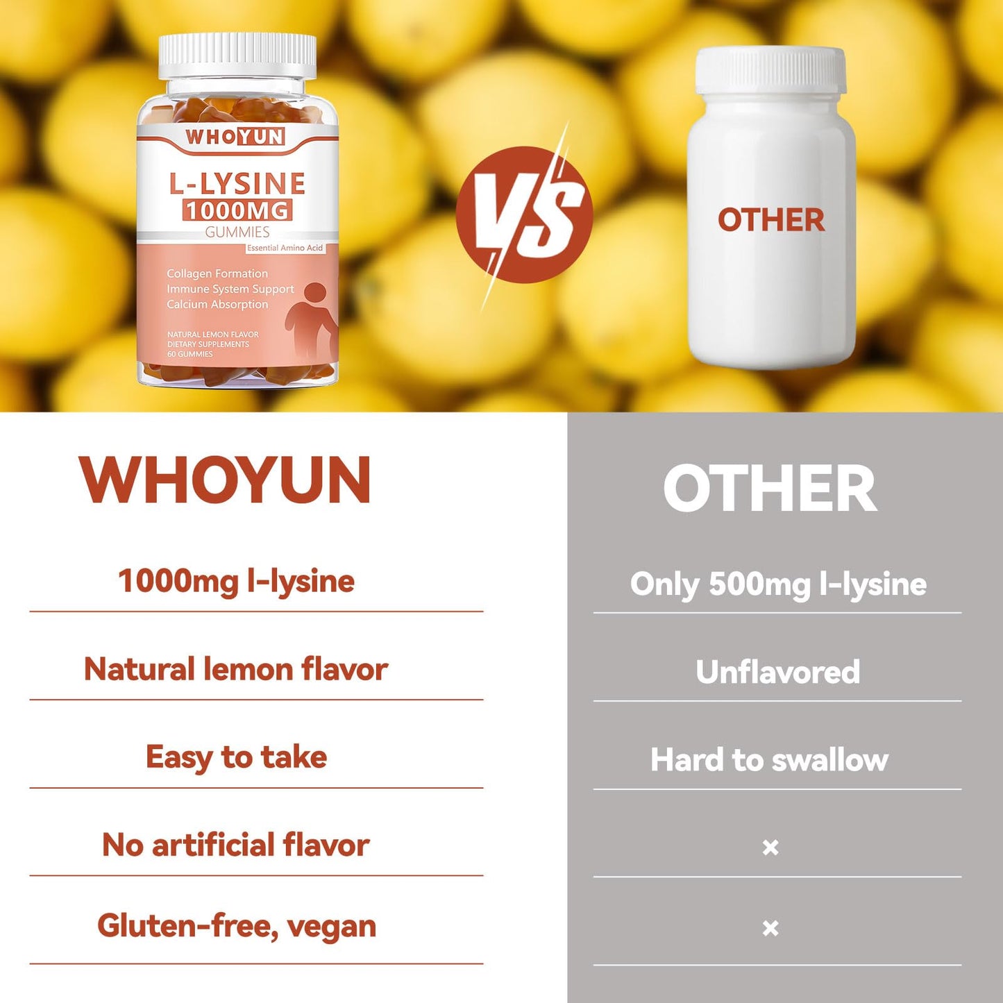 Whoyun L-Lysine 1000mg gummies bottle with lemon garnish