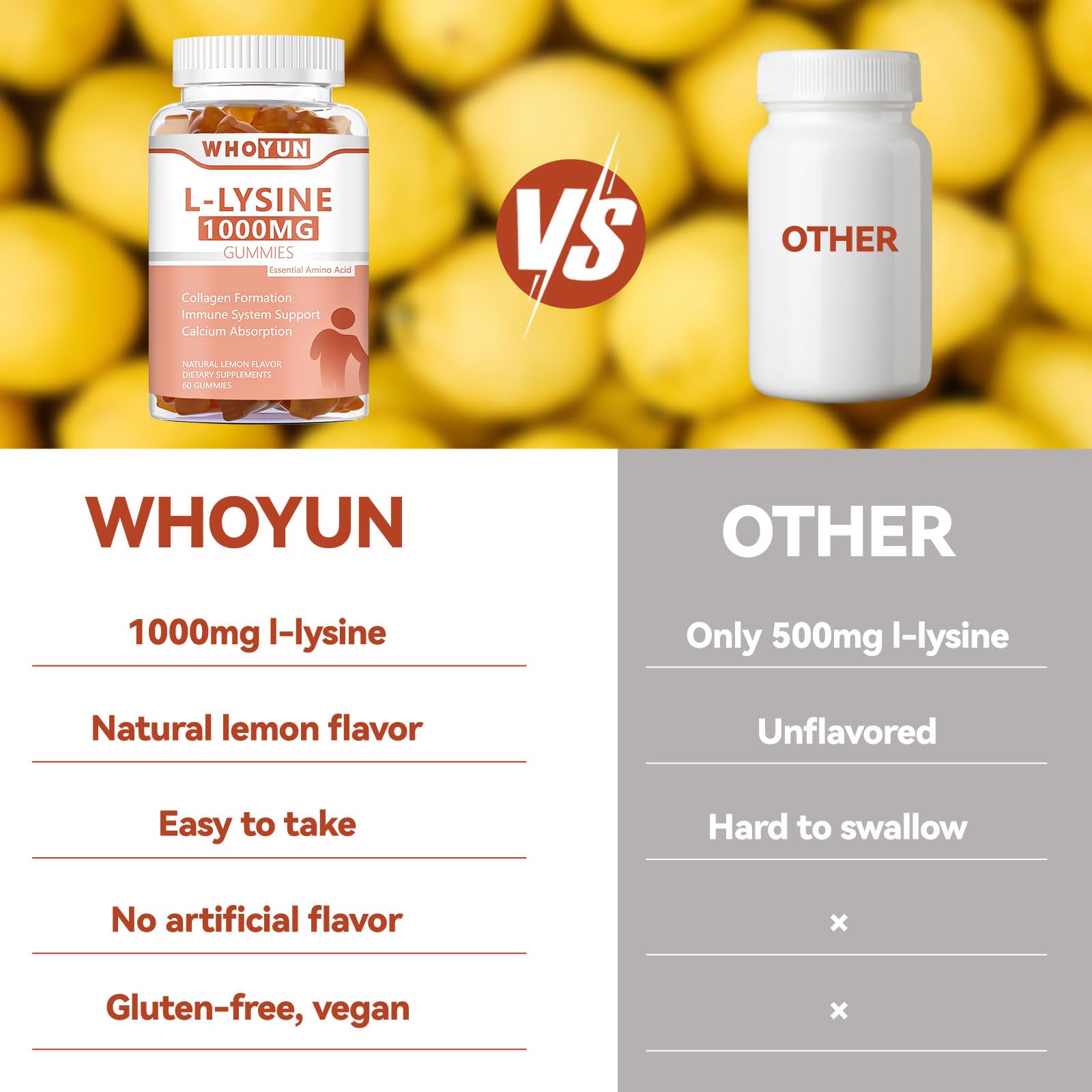 Whoyun L-Lysine 1000mg gummies bottle with lemon garnish