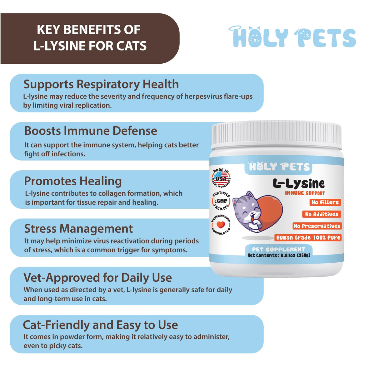 Artullano Holy Pets L-Lysine Powder supplement label details and ingredients breakdown
