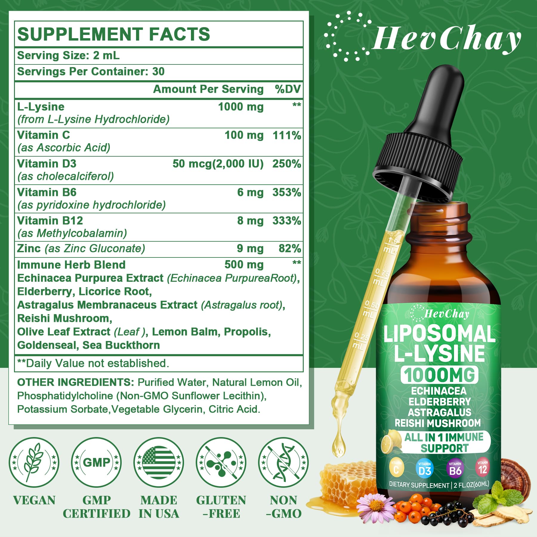 Hevchay liposomal lysine drops 2 fluid ounce bottle label details