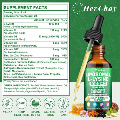 Hevchay liposomal lysine drops 2 fluid ounce bottle label details