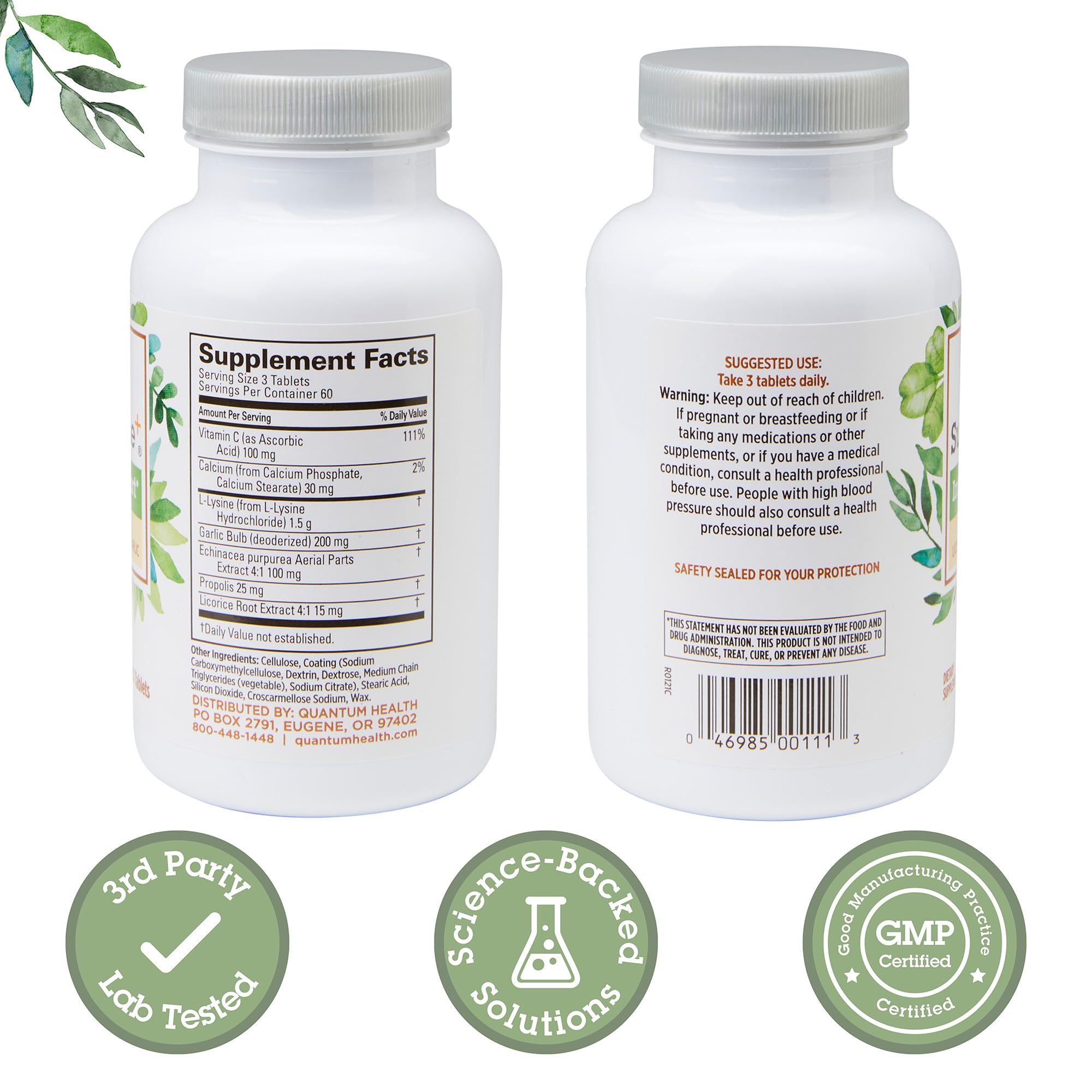 Quantum Health SuperLysine Plus supplement bottle showing ingredient highlights