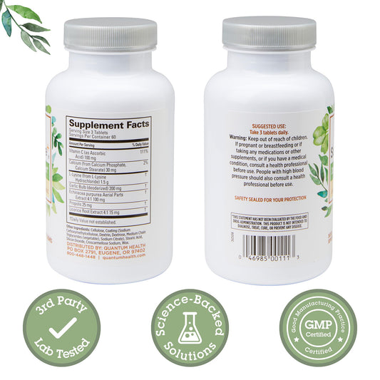 Quantum Health SuperLysine Plus supplement bottle showing ingredient highlights
