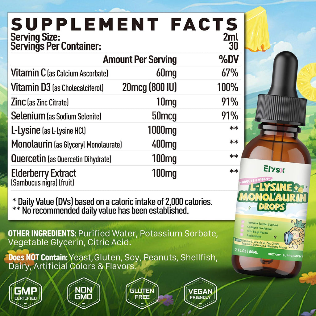 Elysx L-Lysine liquid supplement bottle showing dropper cap and label details
