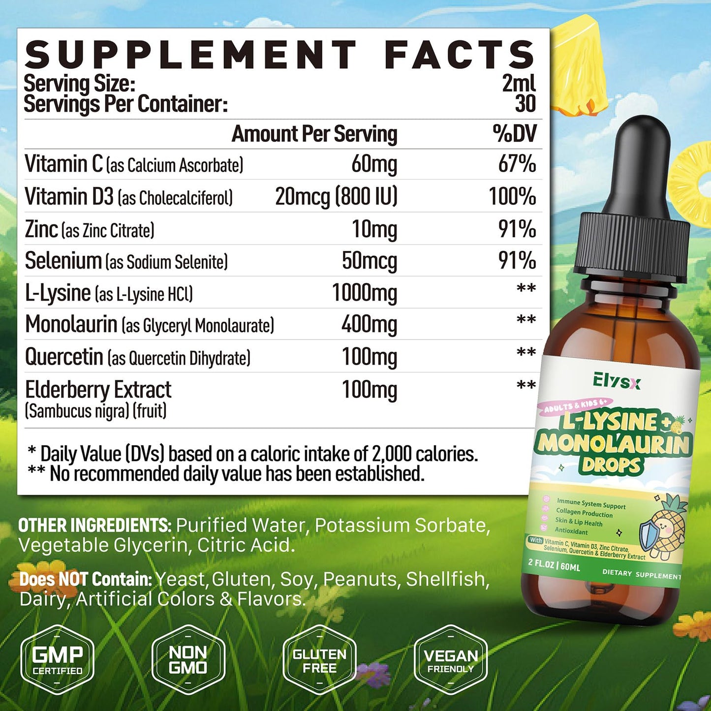 Elysx liquid supplement bottle label details